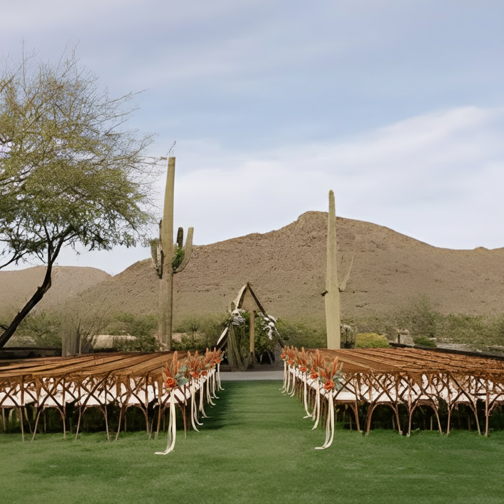 AI mockup of the ceremony aisle with small floral clusters tied to alternating chairs