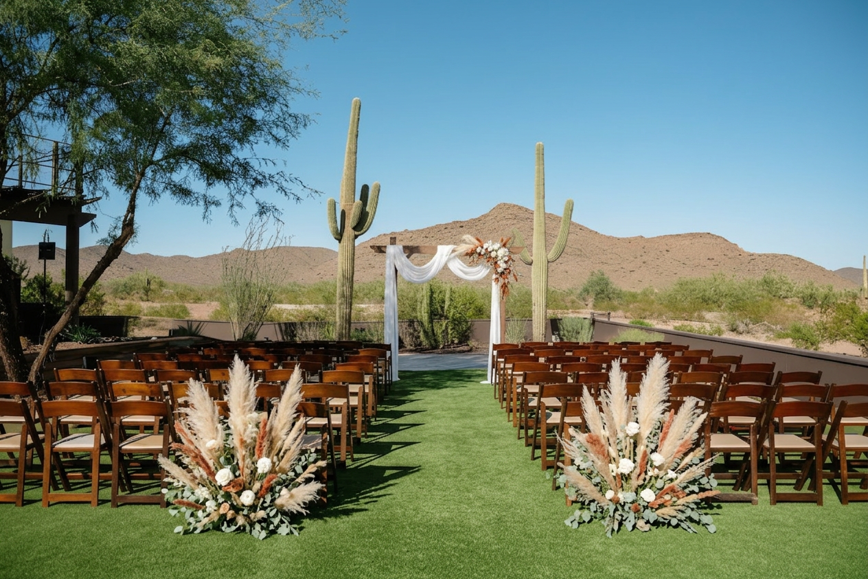 Matched pair of ground floral arrangements flanking the aisle entrance behind the last chair rows