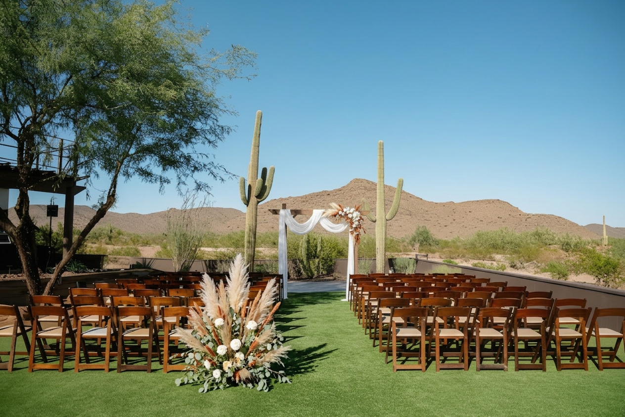 Single ground floral arrangement at the inside back corner of the ceremony seating, anchoring the aisle entrance