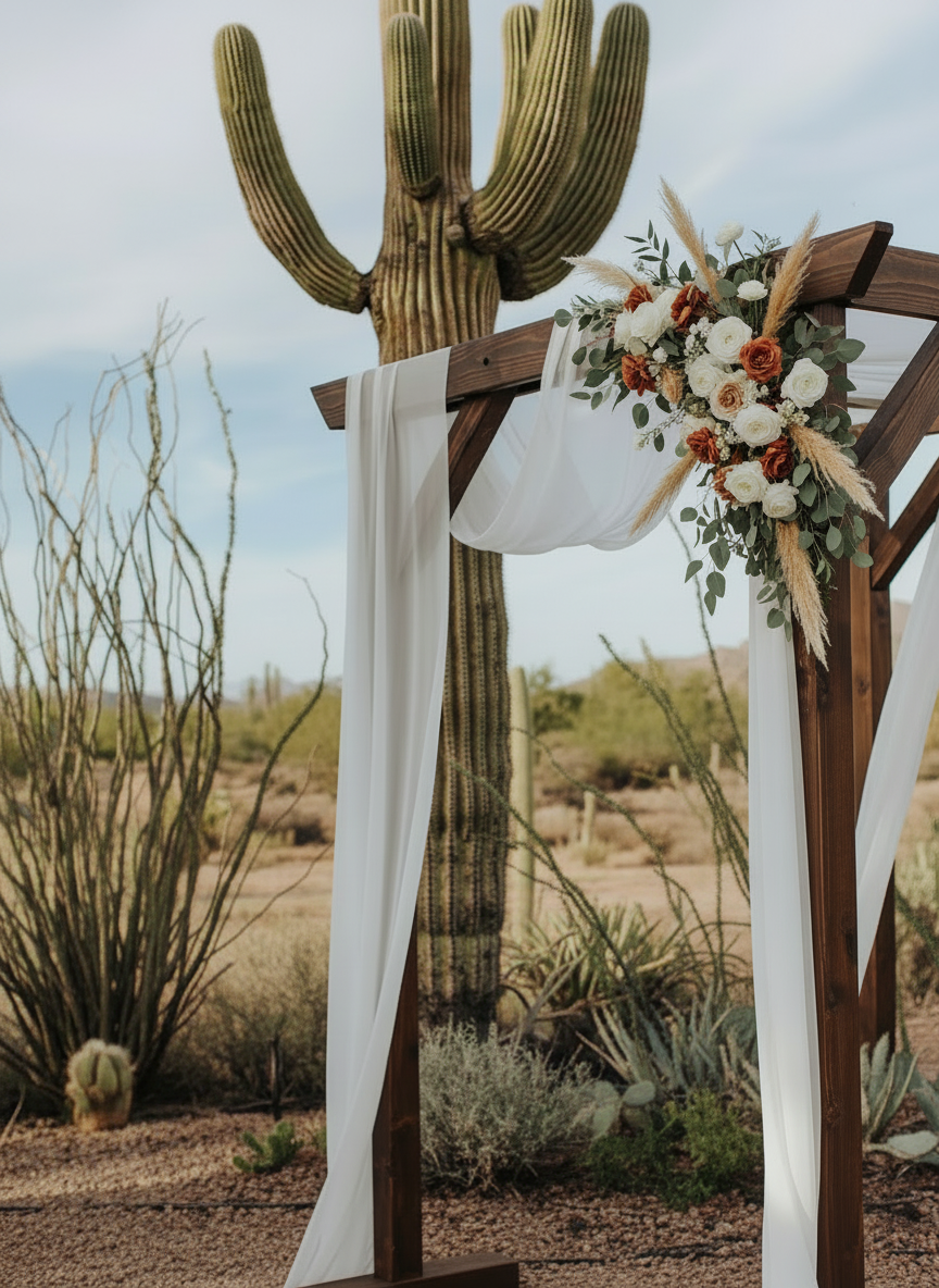 Square wooden arbor with a single white chiffon drape and corner floral arrangement, saguaro behind