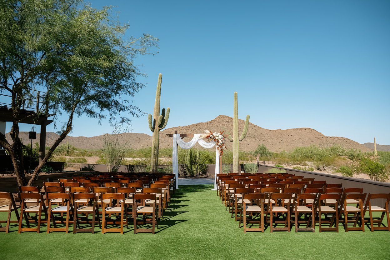 Wide view from behind the ceremony chair rows toward the square arbor with white drape and corner arrangement