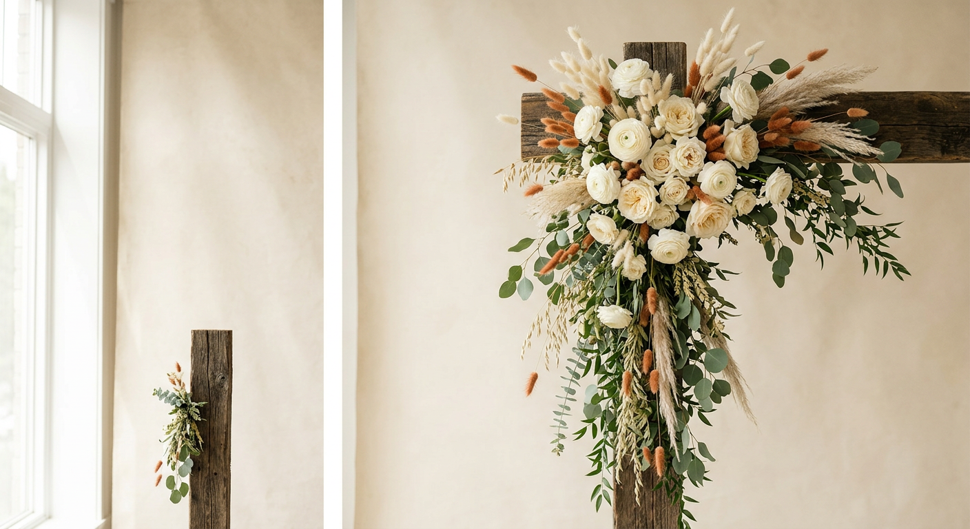 Fuller cascading arch arrangement with white ranunculus and roses at the corner, greenery and bunny tails trailing down the post