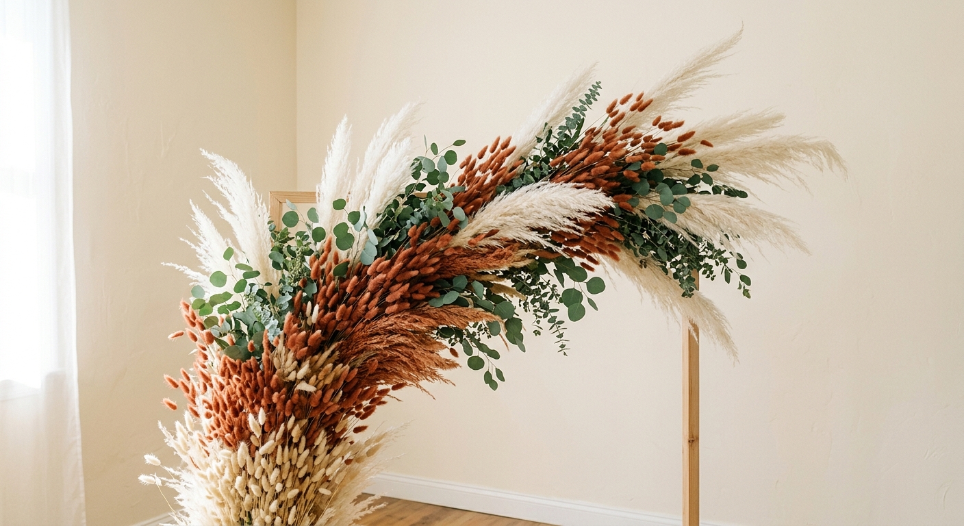Arch arrangement of only layered cream and terracotta bunny tails, pampas, and eucalyptus — no flowers