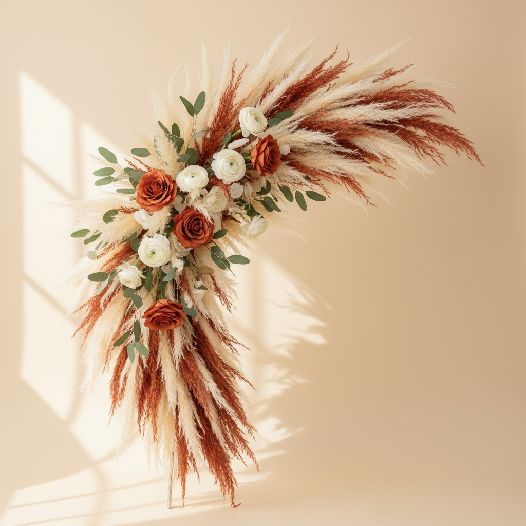 Standalone arch arrangement with white ranunculus plus burnt-orange terracotta roses among layered bunny tail grasses