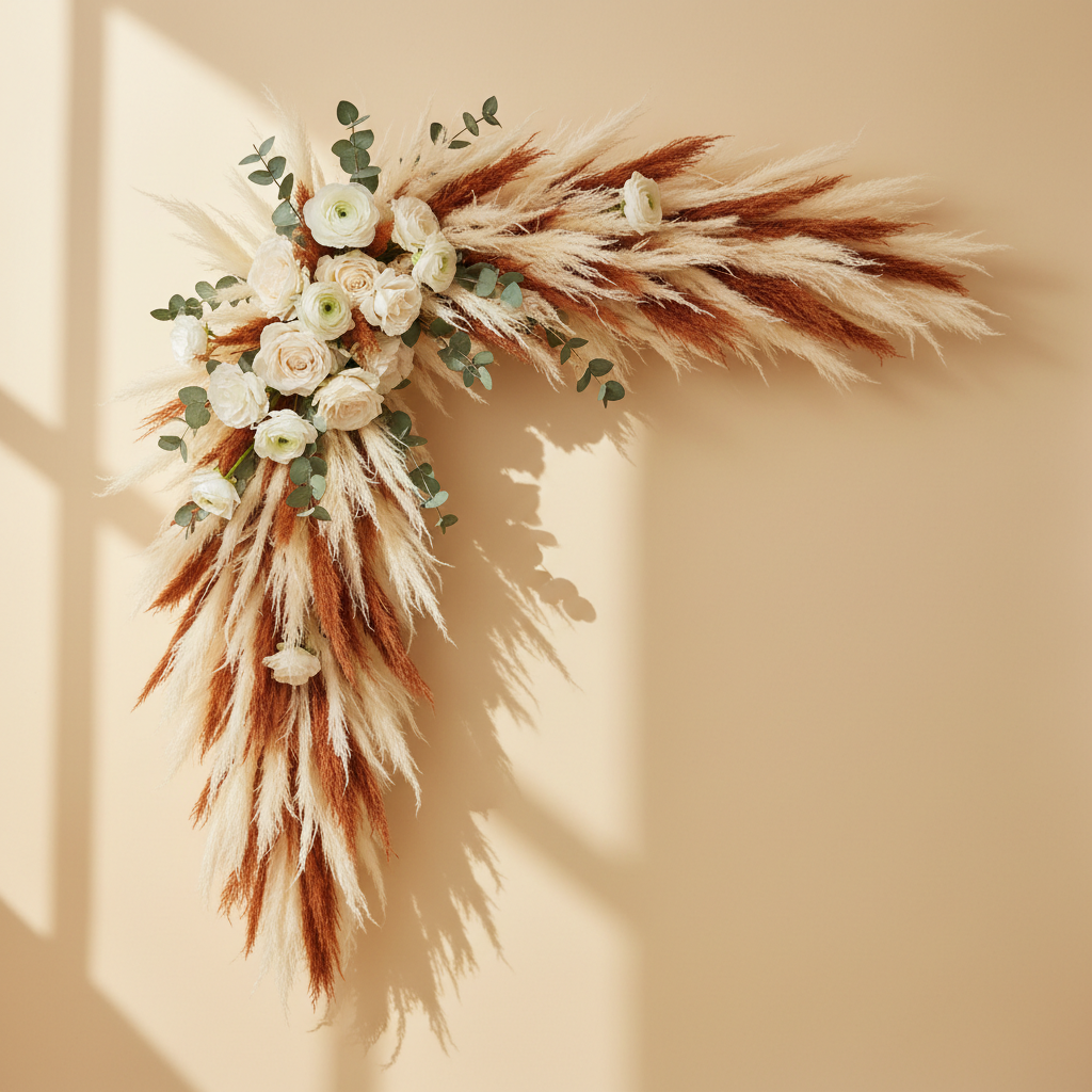 Standalone arch arrangement of layered cream and terracotta bunny tail grasses with white ranunculus and eucalyptus
