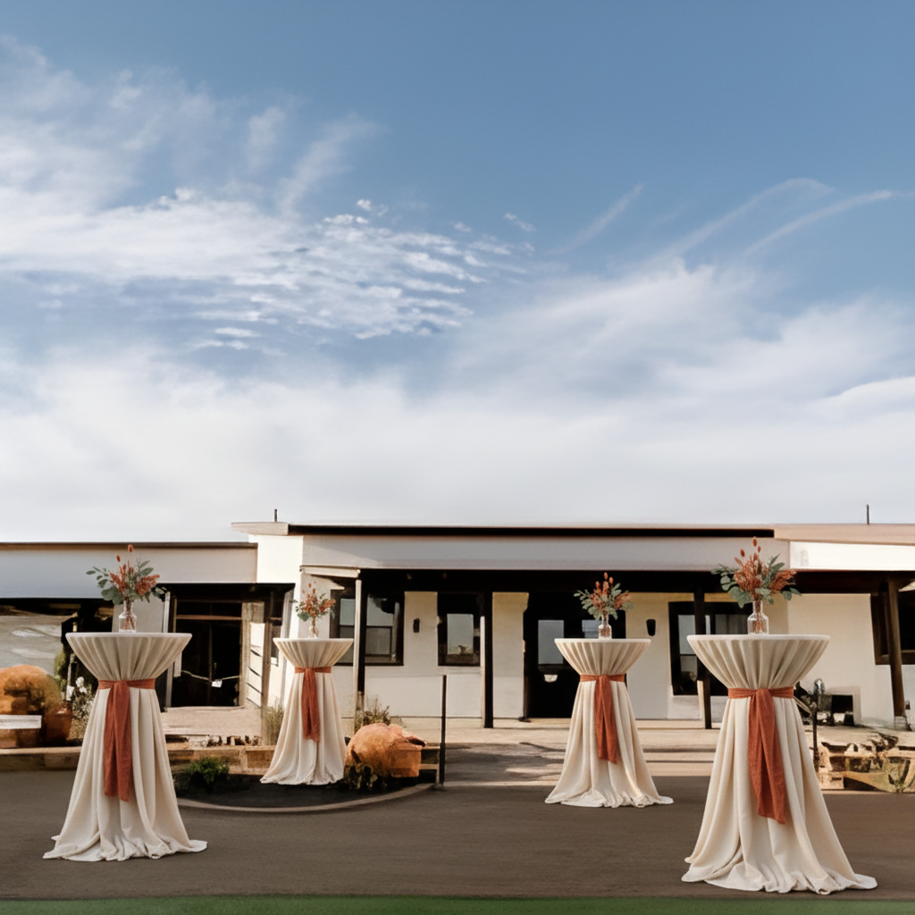 AI mockup of the courtyard with cream linen cocktail high-tops, terracotta sashes, and bunny tail bud vases
