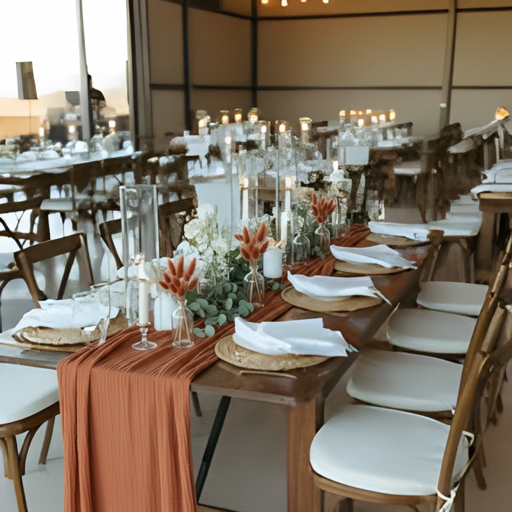 AI mockup of the reception farm table with terracotta gauze runner and bunny tail bud vases