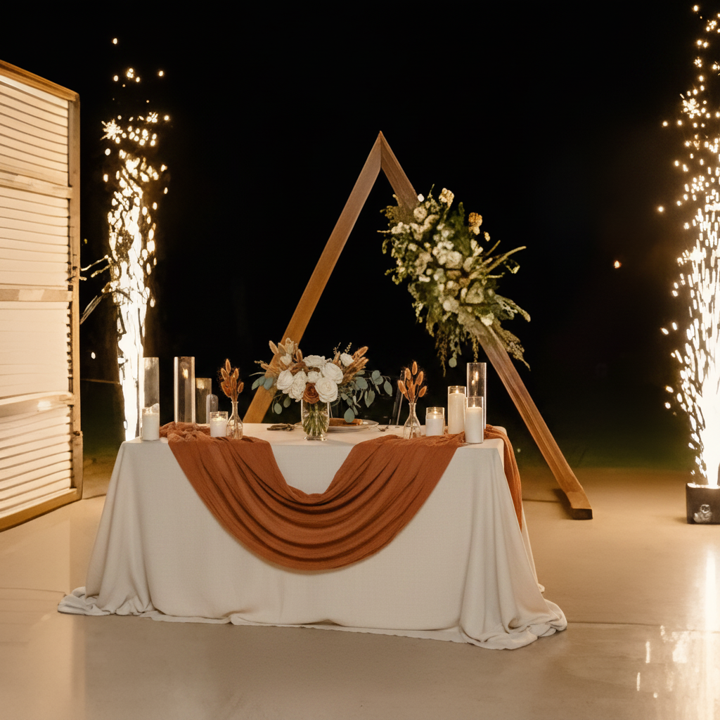 AI mockup of the sweetheart table with terracotta gauze swag and the repurposed bridal bouquet as centerpiece