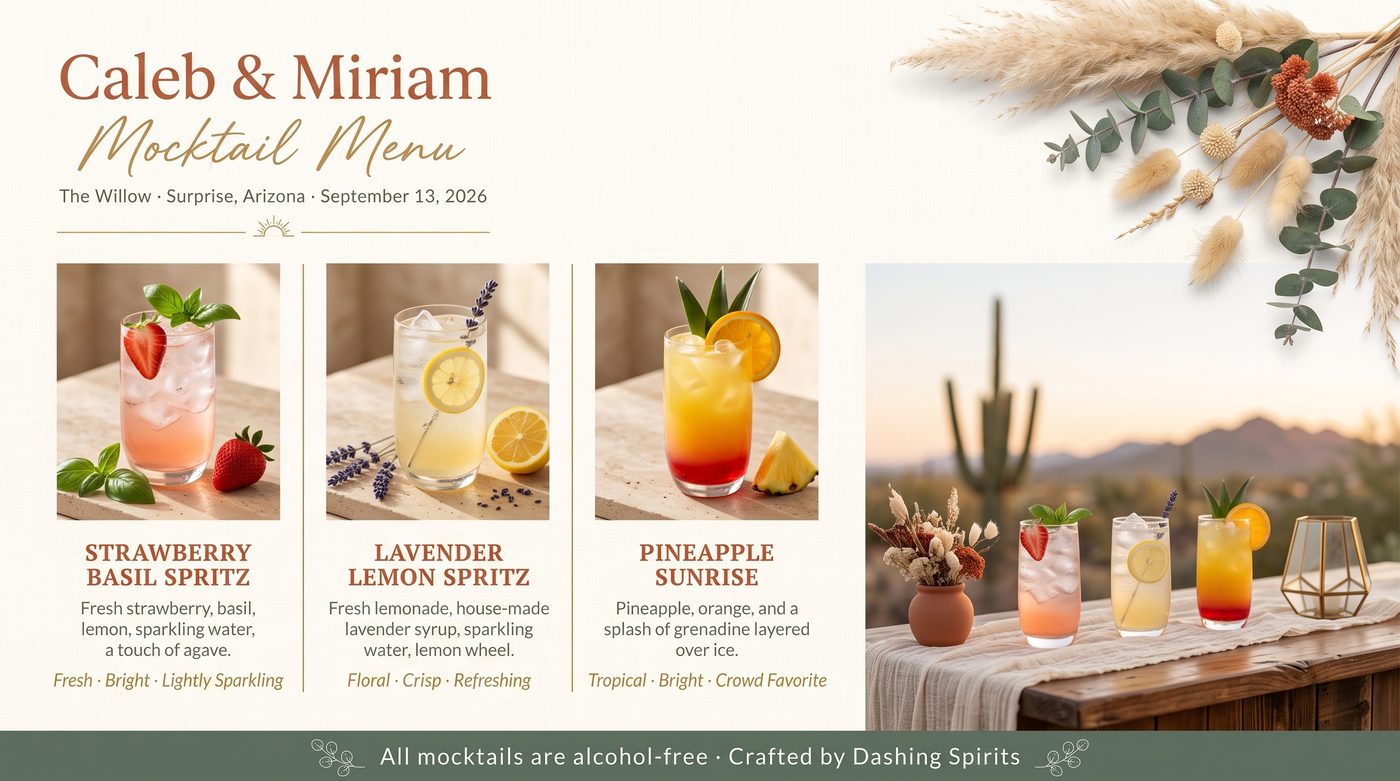 Mocktail menu: Strawberry Basil Spritz, Lavender Lemon Spritz, and Pineapple Sunrise — all alcohol-free, crafted by Dashing Spirits