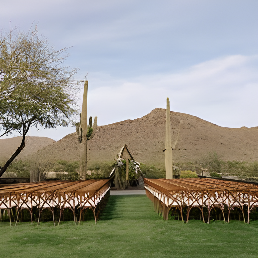 Outdoor desert ceremony setup with rows of wooden cross-back chairs on green lawn flanked by tall saguaro cacti, facing a floral arch. Mountain range in the background under a clear pale sky, midday light.