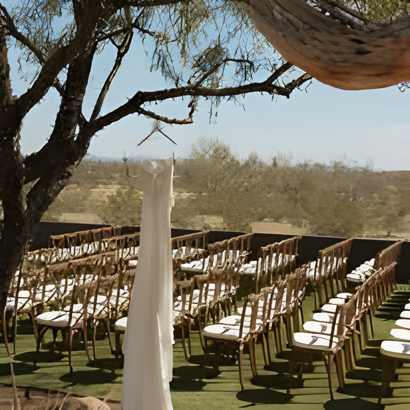 Rows of ceremony seating on the desert lawn