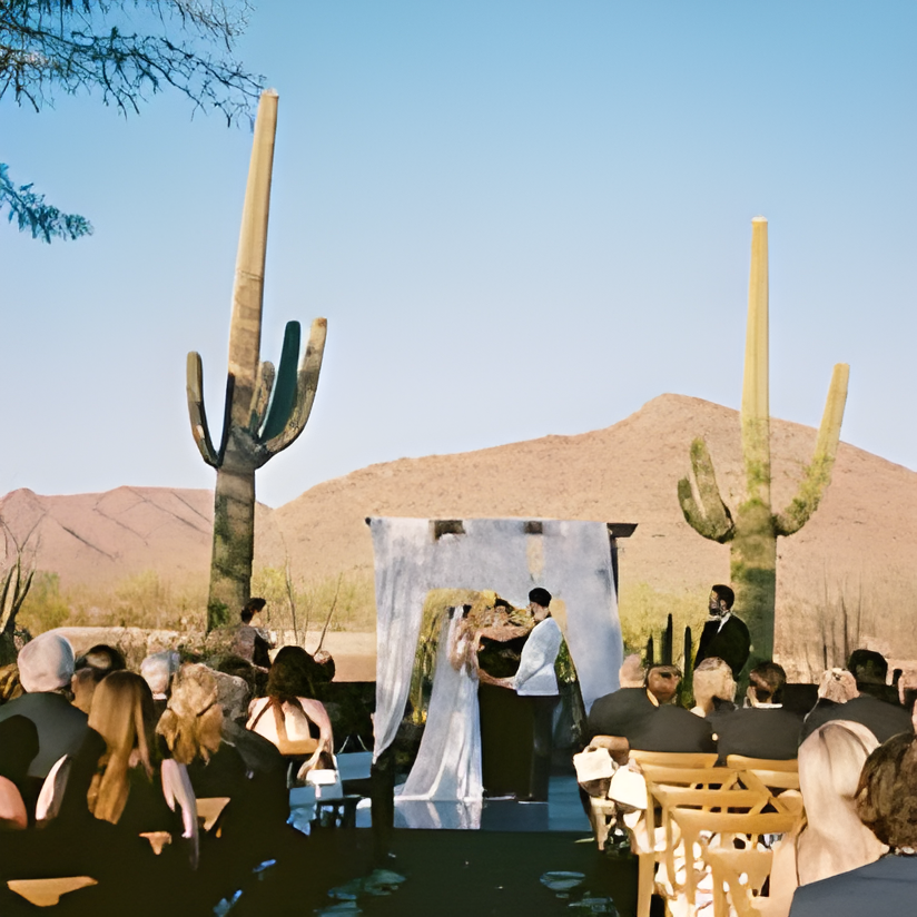 Outdoor desert ceremony with an officiant and couple standing beneath a fabric arch/arbor flanked by giant saguaro cacti, mountains in the background under a clear blue sky. Rows of seated guests fill the foreground on open ground.