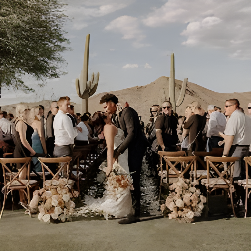 Outdoor desert wedding ceremony aisle lined with wooden cross-back chairs and clusters of peach and white floral arrangements at the aisle ends, bride and groom walking down the aisle. Saguaro cacti and mountains rise in the background under bright daytime sky.