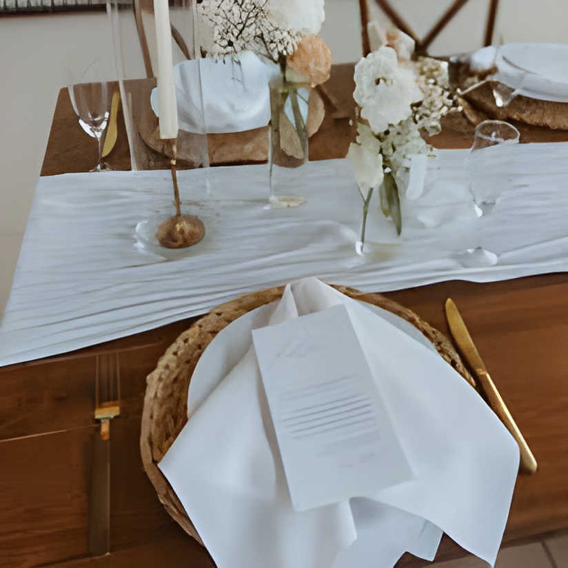 Close-up of an elegant place setting featuring a woven charger plate, white folded linen napkin with a menu card, gold flatware, and a wine glass, with a floral centerpiece and taper candles softly blurred in the background.