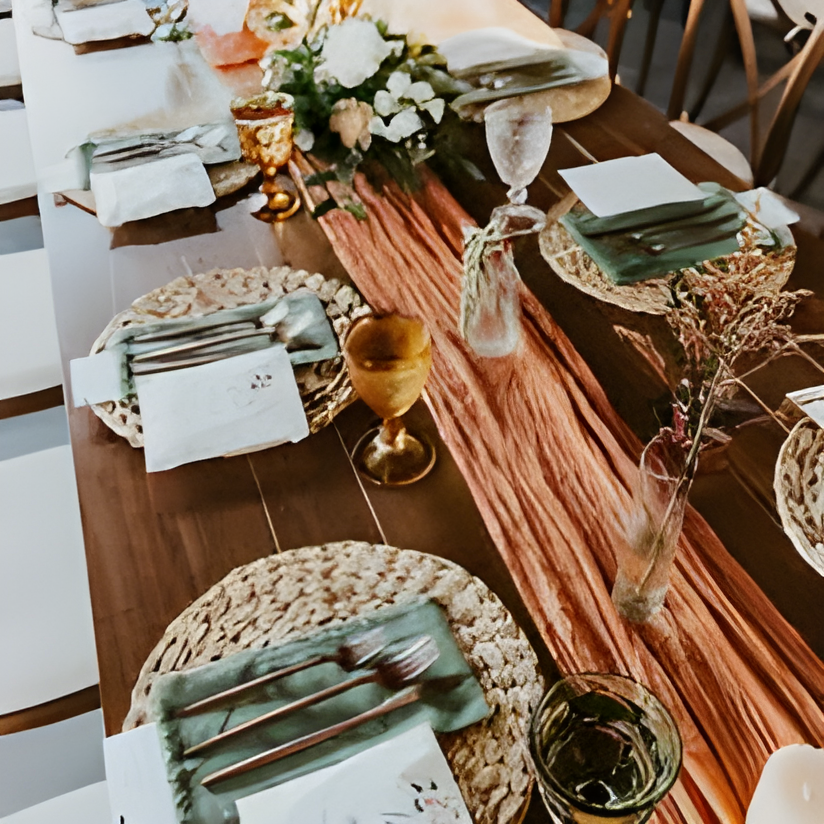 Close-up of a place setting featuring a woven charger, sage green napkin, printed menu card, gold-rimmed goblet, and a rust-orange fringed table runner with dried floral sprigs in bud vases. Warm, styled tablescape detail shot.