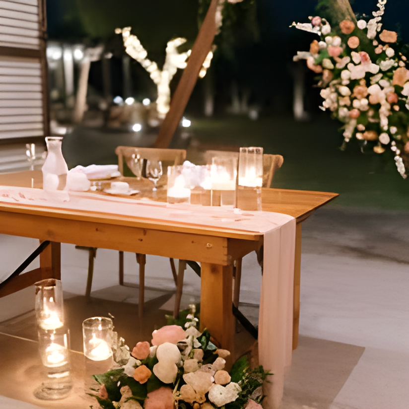 Close-up of a wooden farm table set with glassware, candles in glass hurricanes, and a lush floral runner of peach and blush blooms with greenery cascading over the edge. Grass and string-lit trees are visible in the soft-focus background, suggesting an outdoor evening setting.