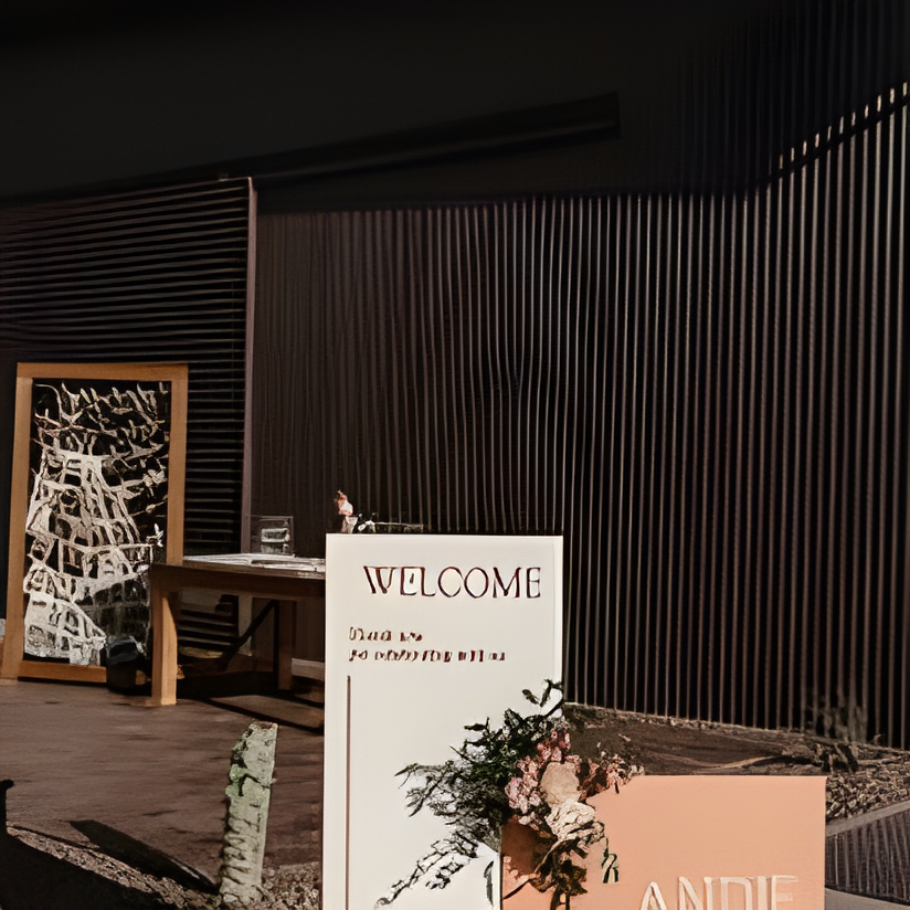 Signage/stationery vignette at the reception building entrance: dark vertical wood/metal slat siding forms the backdrop for an easel-mounted decorative sign and a wooden welcome table holding a card box and florals. A 'WELCOME' sign stands beside the table, evening light casting long shadows.