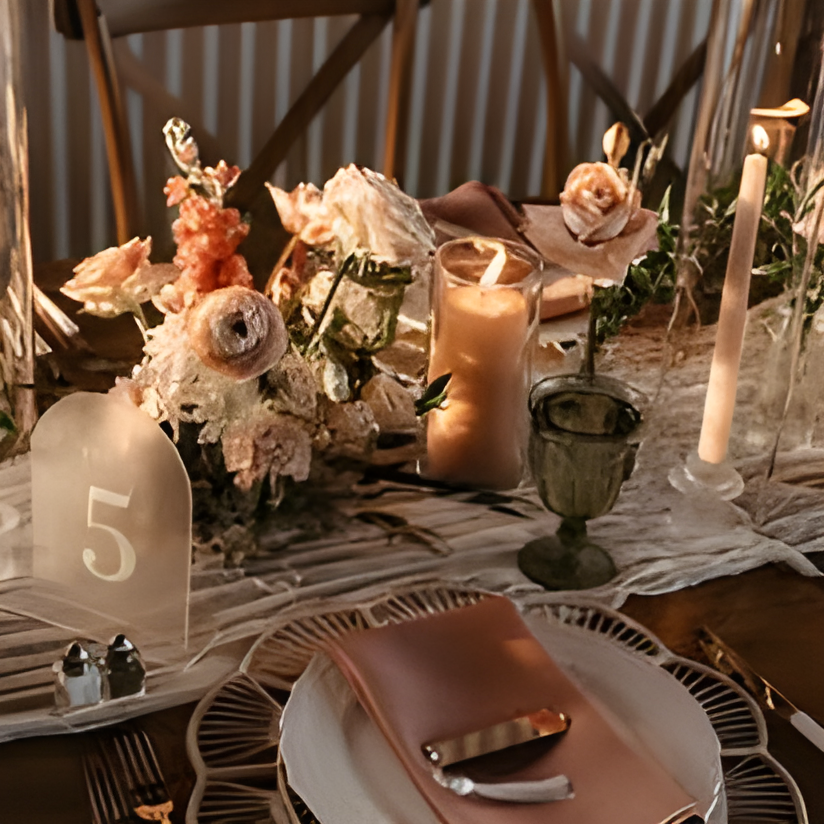 Close-up of a reception place setting featuring a glass charger plate, folded dark napkin, table number '5' in a glass holder, and a lush arrangement of pink and blush roses with pillar candles and vintage-style glassware.