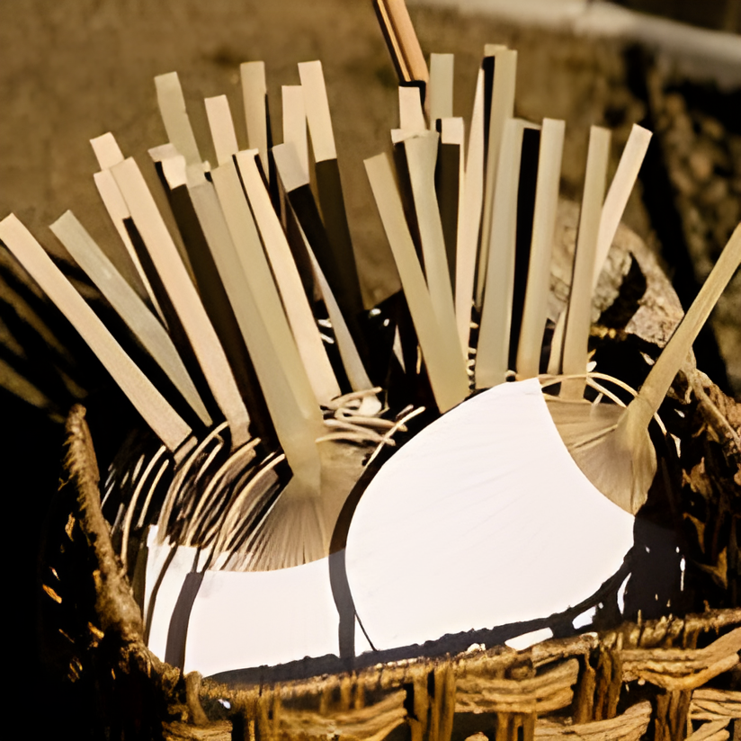 Close-up of a woven basket filled with decorative folded paper fans and wooden ceremony programs/fans, likely provided for guests to stay cool during an outdoor ceremony. Sunlight suggests daytime, outdoor setting.