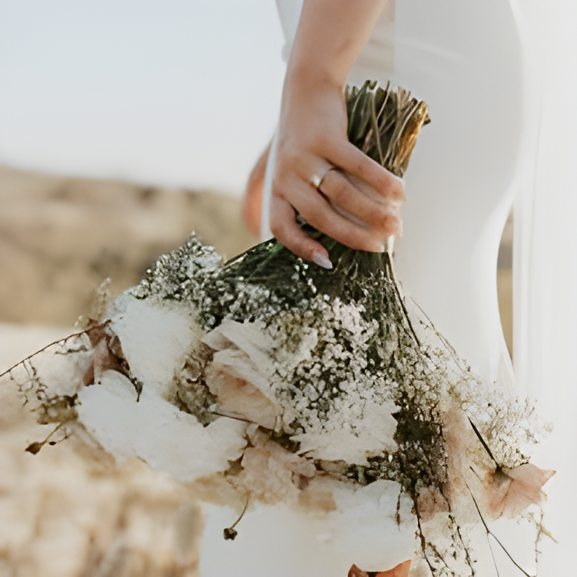 Close-up of a bride's hand and bouquet of dried/neutral-toned florals (baby's breath, dried grasses, white roses) against her white gown, with a blurred desert/scrub landscape in the background suggesting an outdoor grounds location.