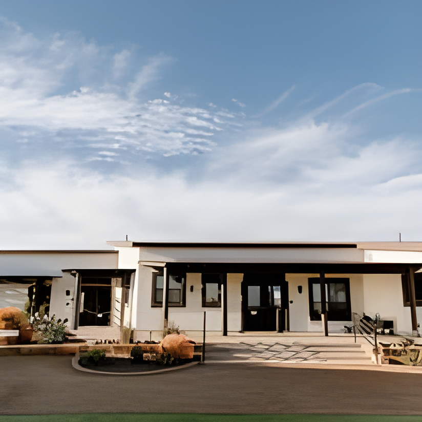 White stucco venue building with dark trim and desert landscaping under a big sky