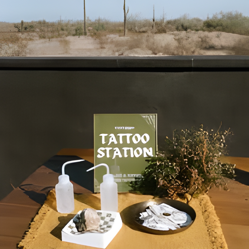 Outdoor 'Tattoo Station' signage set on a small wooden table with hand sanitizer, dried florals, and stamps, positioned against a desert backdrop with cacti and a corrugated metal building. Bright daylight suggests a daytime outdoor activity station on the venue grounds.