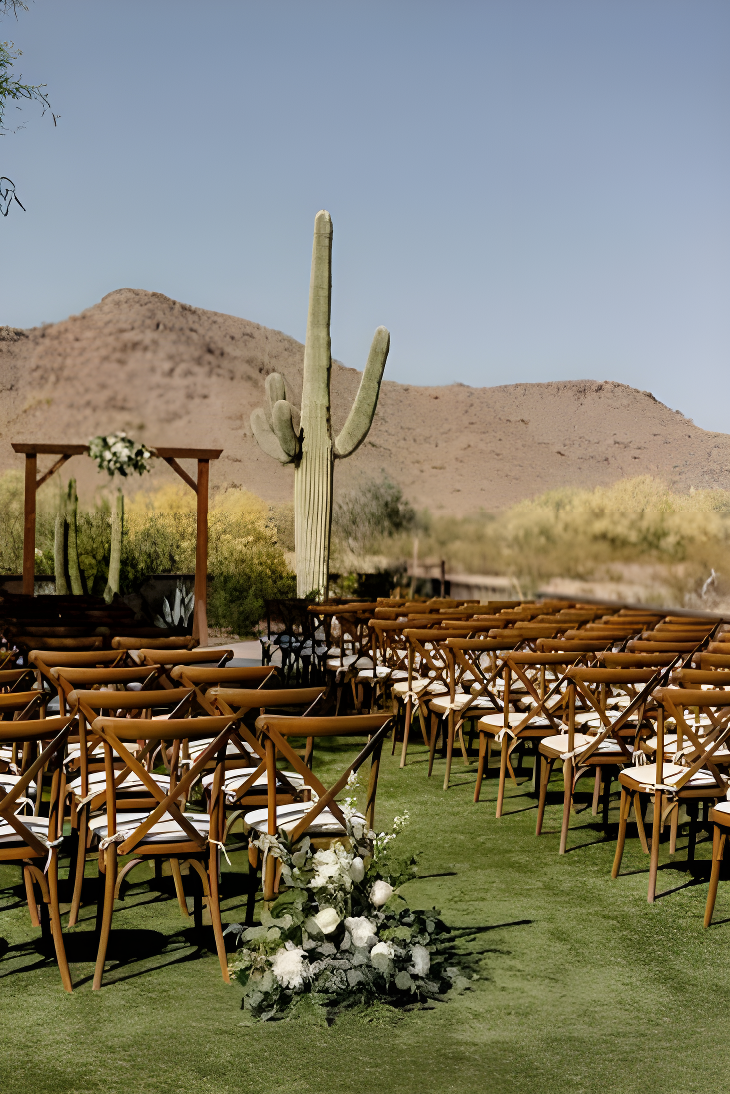 Exterior daytime view of a white stucco building with a dark wood-slat overhang, flanked by desert xeriscaping including saguaro, agave, and ocotillo plants, boulders, and a paved walkway. Parked cars are visible in the background near the entrance.
