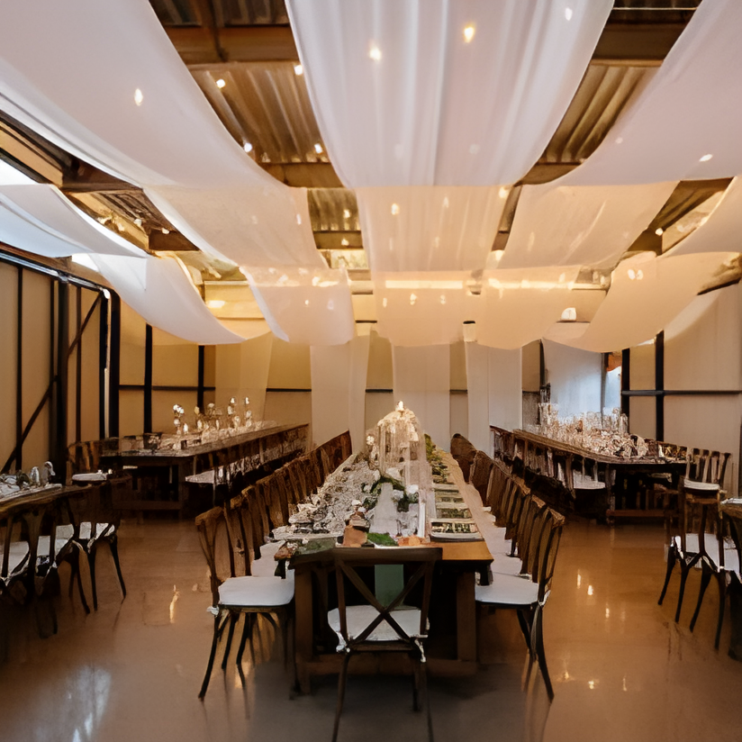 Fabric drapes across the reception ceiling