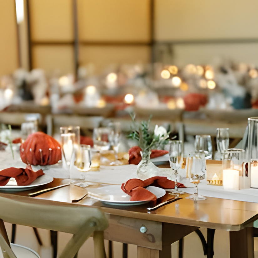 Reception table setting with white linens, red napkins, orange pumpkin-style centerpiece accents (possibly fall wedding), candles, and glassware. Background shows rows of similarly set long tables under warm ambient lighting inside a barn-style hall.