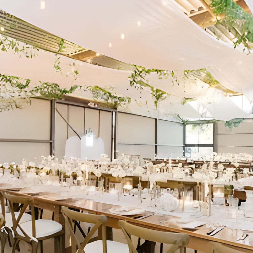 Daytime reception hall with a ceiling installation of suspended greenery/vine garlands and hanging round pendant lights over long guest tables set with white linens and gold accents. Large sliding glass doors along the side wall let in natural daylight, cross-back chairs line the tables.