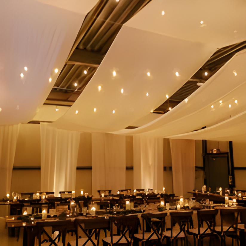 Evening reception interior with a large white fabric canopy drape suspended from dark wooden beams, dotted with small string/fairy lights resembling stars. Long tables with candles glow warmly beneath, set within the same industrial barn-style venue seen in other reception photos.