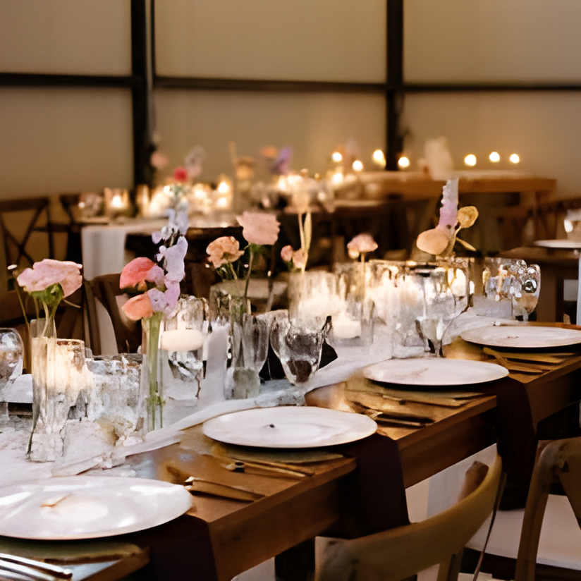 Indoor reception table setting with wooden farm table, blush and burgundy floral centerpieces, lit taper candles, and place settings with gold-rimmed chargers. Warm ambient lighting suggests evening indoor reception.