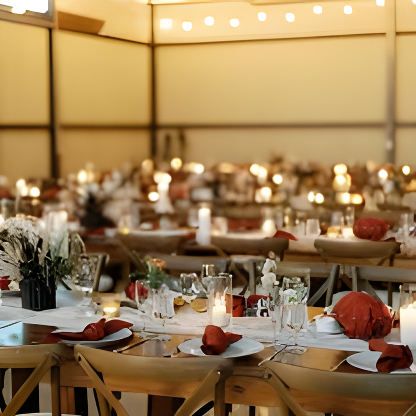 String lights strung over long reception tables
