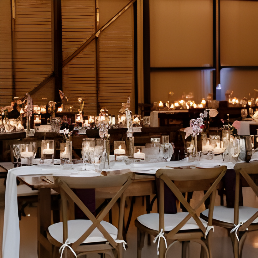 Indoor reception space with dark corrugated metal walls, long tables set with candles and floral arrangements, cross-back chairs. Warm string lights and pendant-style lighting create an intimate evening mood.