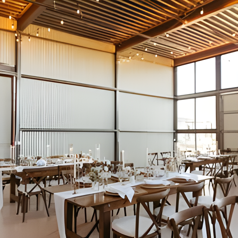 Reception barn interior with vaulted wood ceiling