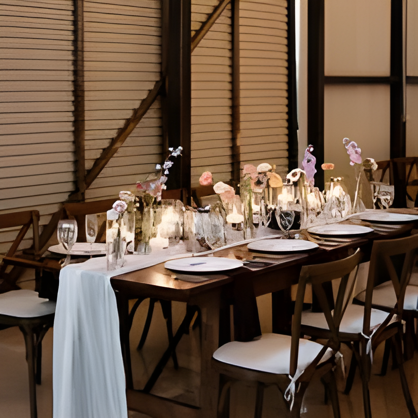 Long wooden farm table set for reception dining with white plates, wine glasses, candles, and small floral bud vases with orchid sprigs. Corrugated metal/wood slat wall in the background suggests an industrial-style indoor reception space. Cross-back wooden chairs with cream cushions line the table.