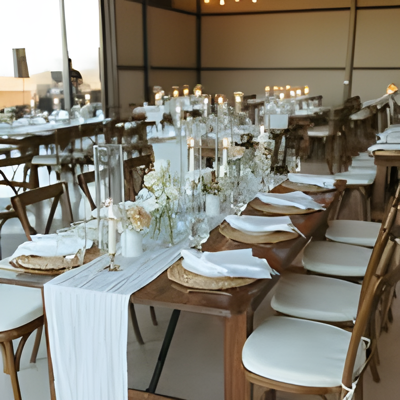 Long reception farm table with a greenery runner at the venue