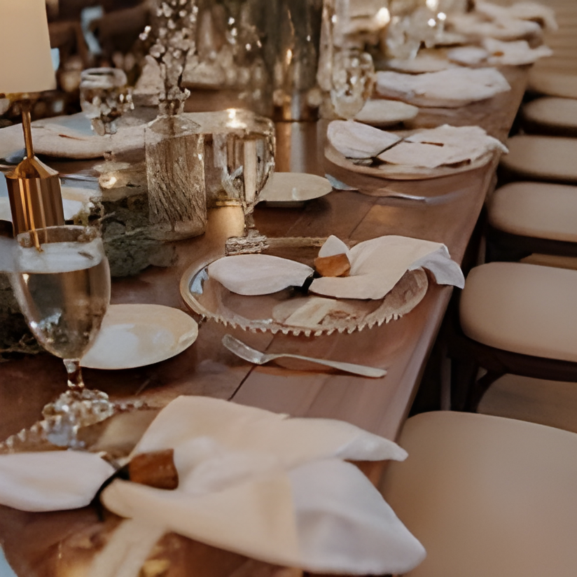 Reception table set with white folded napkins, gold-rimmed scalloped plates, candles in glass holders, and greenery garland running down the center. Cream cross-back chairs line both sides in a warmly lit indoor venue.