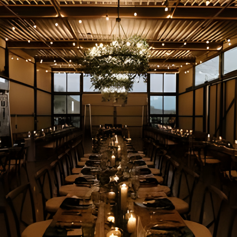 Spacious indoor reception hall with an exposed corrugated metal ceiling, string lights, and a large greenery-and-light chandelier installation above long candlelit dining tables. Floor-to-ceiling windows at the far end reveal a mountain/desert view outside, confirming an indoor building overlooking outdoor grounds.