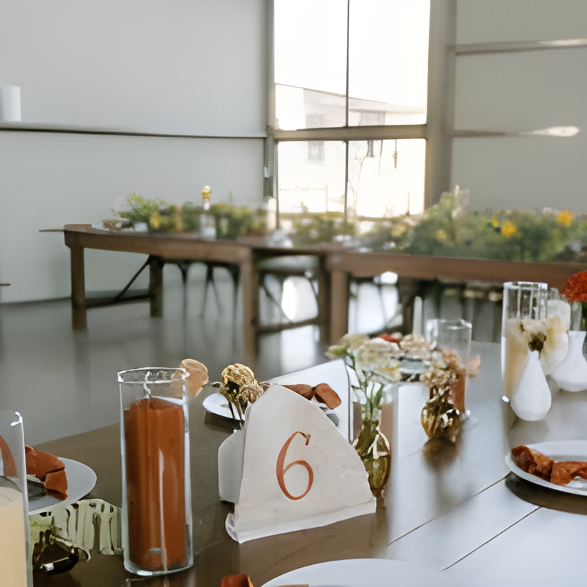 Foreground reception table with a lit candle, wooden table number '6', and floral bud vases; background shows additional long tables with greenery runners inside a bright indoor hall with large windows.
