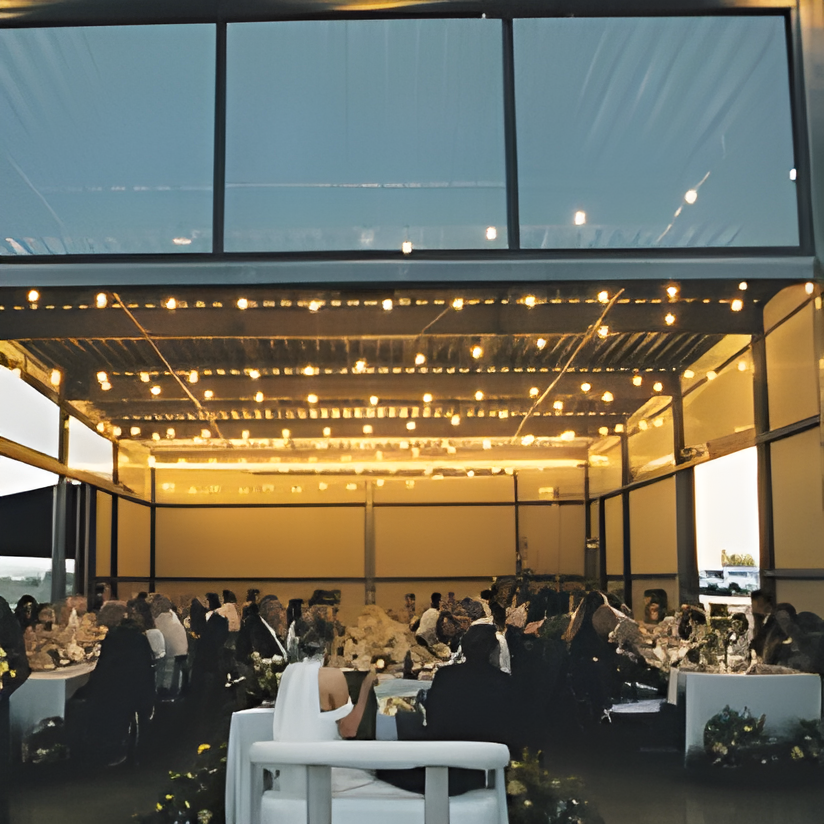 Evening reception dinner under a metal-framed pergola-style structure strung with warm bistro/string lights, glass panel walls visible letting in the dusk light. Long banquet-style tables run down the center with guests seated on both sides, white florals on a low table in the foreground.