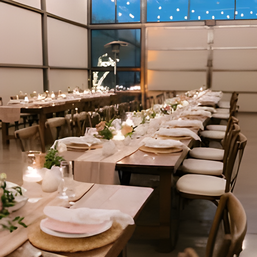 Indoor reception hall at dusk/night with tall glass windows showing a darkening sky, string lights strung overhead, and long tables set with neutral linens, greenery runners, and place settings. Wooden chairs line both sides of the tables on a polished concrete floor.