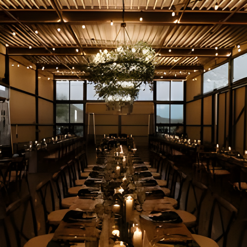 Greenery-and-floral chandelier above a candlelit dining table